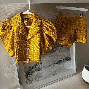 Vintage Yellow Textured Houndstooth Puff Sleeve Jacket and Shorts Set